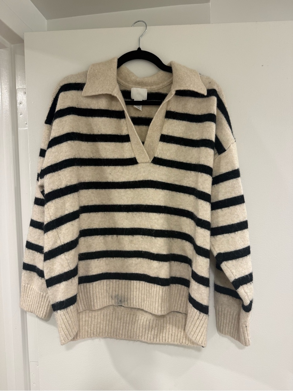 H&M Cream & Black Striped V-Neck Collared Sweater